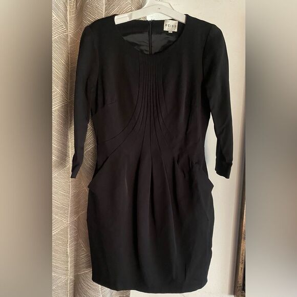 Reiss Pleated Front Black Dress Back Zip Closure Side Pockets Stretchy Sz 6 - Picture 1 of 11